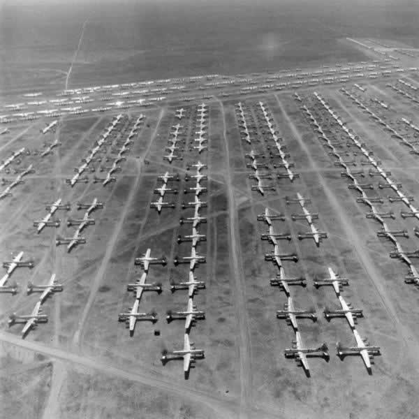 Rows of B-29 Superfortress bombers in desert storage after World War II 